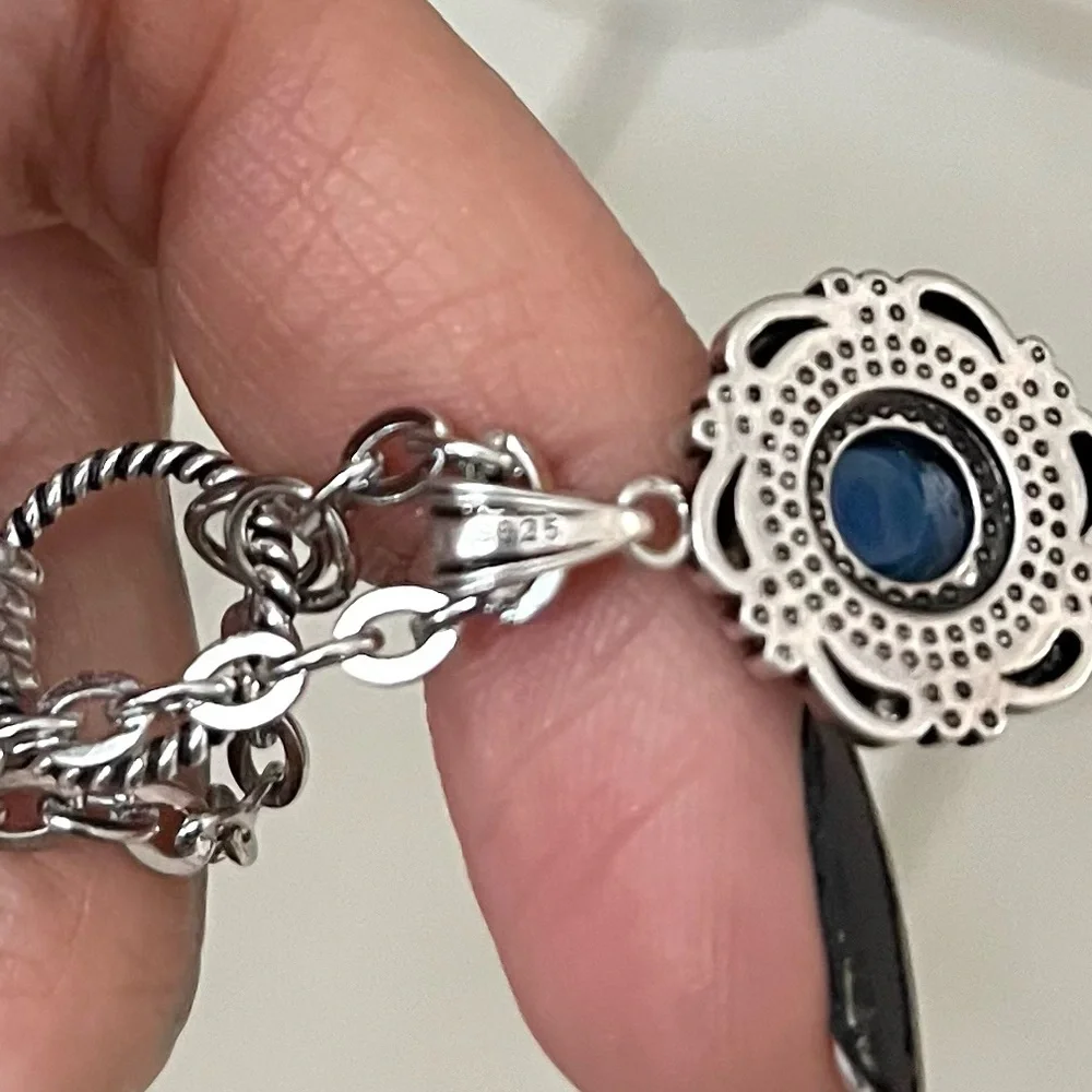 925 sterling silver blue kyanite stone charm on stainless steel maille choker - Picture 3 of 16